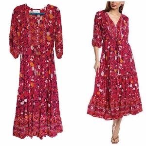 Walker & Wade Carrie Cherry Red Boho Floral Tiered Dress Button Front Size Small